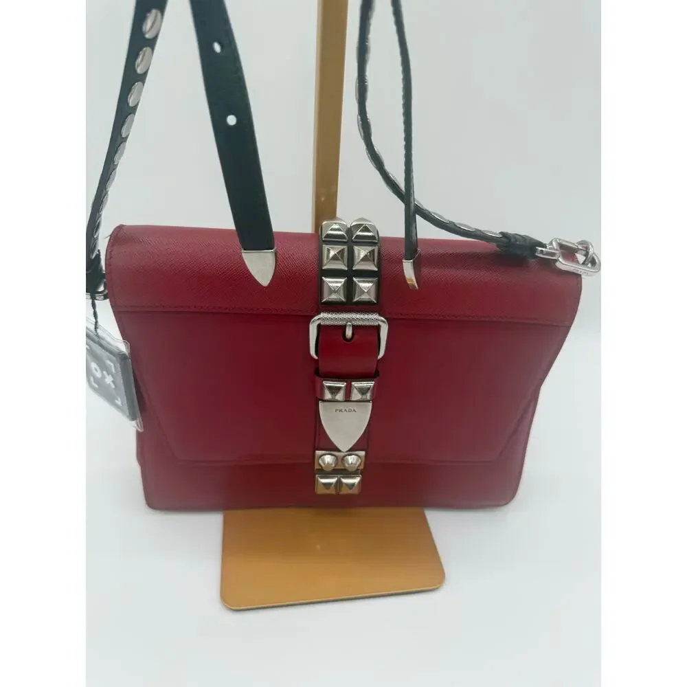PRADA Elektra Red Saffiano Leather Studded Buckle Crossbody Bag 1BD120 Silver⁠